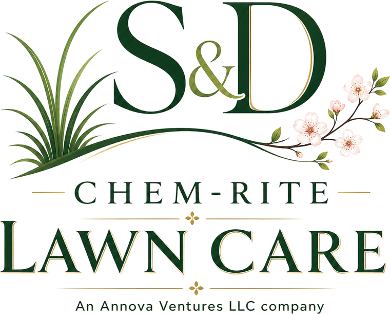 Logo for S&D Chem-Rite Lawn Care featuring stylized grass, flowers, and elegant green lettering. Tagline reads: “An Annova Ventures LLC company.”.